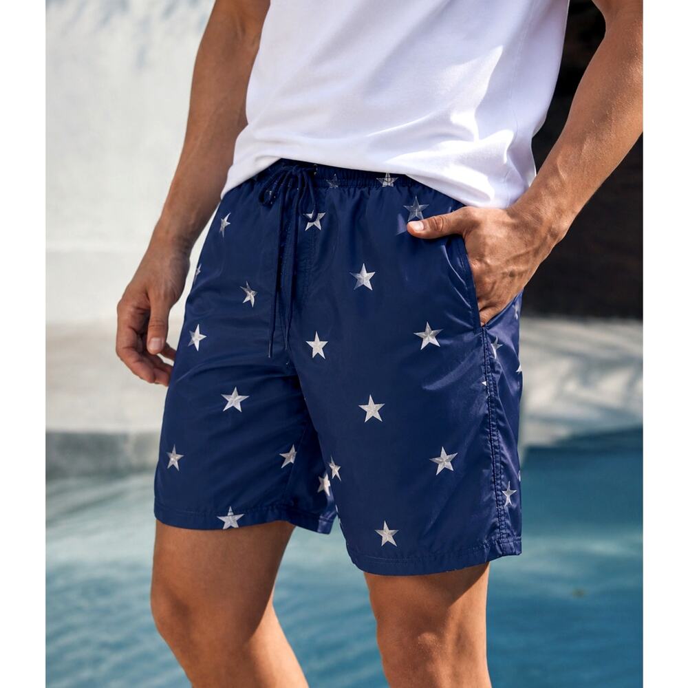 Men's Navy Blue Star Print Swim Trunks Board Shorts Patriotic USA July 4th Sz M